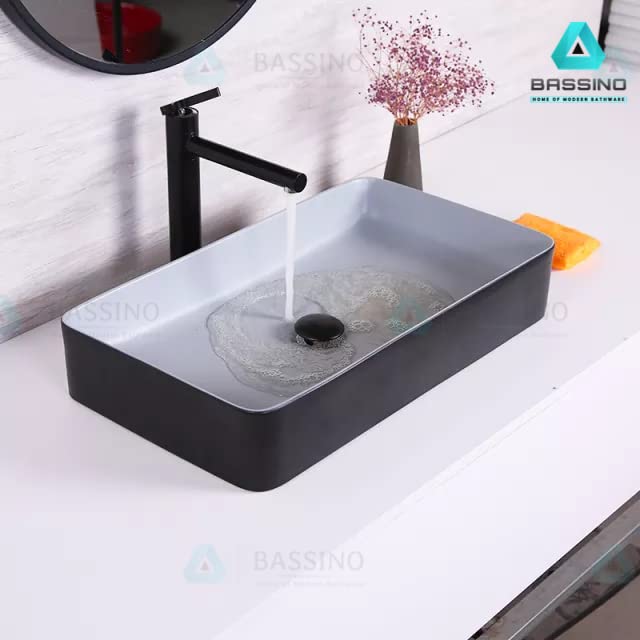 BASSINO Design Wash Basin Ceramic Tabletop Marble Bathroom Sink/Countertop Vessel Sink for Bathroom & Living Room - 600 x 350 x 110 mm (Grey & Black)