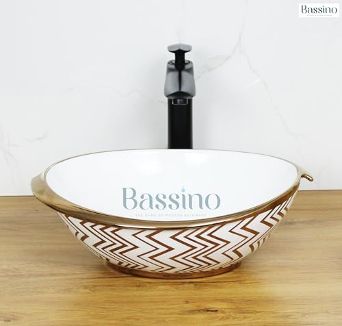 BASSINO Art Wash Basin Counter top, Tabletop Ceramic Bathroom Sink/Basin (410 x 320 x 145 mm) (White Rose Gold)