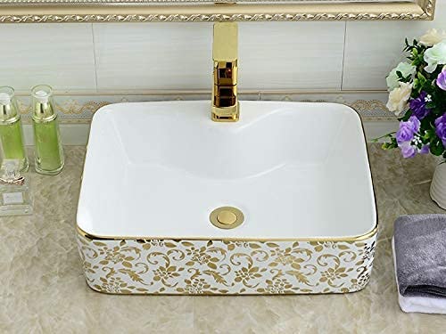 BASSINO Wash Basin Countertop, Tabletop Ceramic Bathroom Sink/Basin, White 480x370x135mm (WHITE GOLDEN)