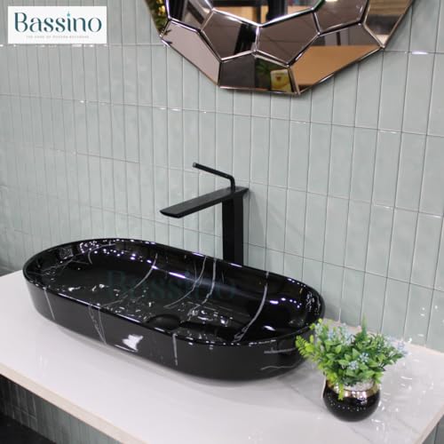 Bassino Ceramic Wash Basin Table Top Counter for Bathroom, Kitchen, Dining Hall, Living Room,Balcony, Home, Office - Black Marble (700 X 350 X 130)