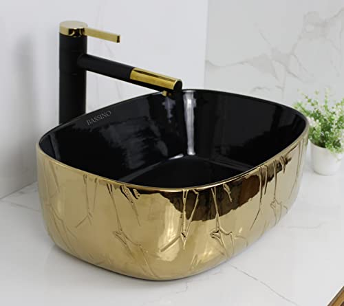 BASSINO Art Wash Basin Countertop, Tabletop Ceramic Bathroom Sink/Basin (455x340x160 mm) (BLACK GOLD)-BTT-1390