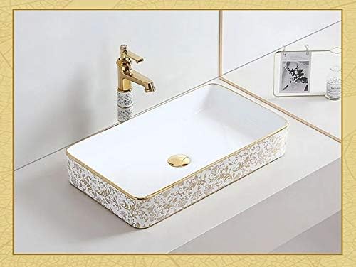 BASSINO Art Wash Ceramic Basin Countertop, Tabletop Bathroom Sink/Basin (Gold White, 600x310x110mm) BTT-1214-IN