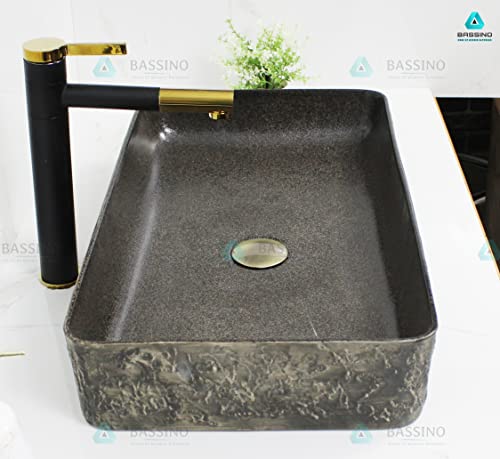 BASSINO Art Wash Basin Countertop, Tabletop Ceramic Bathroom Sink/Basin (Black & Grey) (600x350x110mm) (BTT-1344)