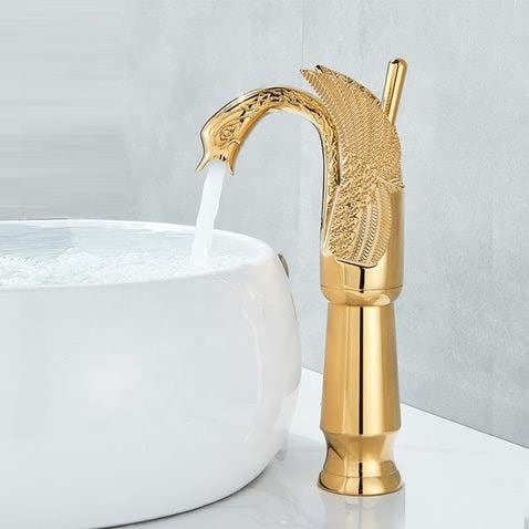 BASSINO Brass Gold Swan Shape Bathroom Sink Wash Basin Mixer Tap Single Handle Hot & Cold Waterfall Lavatory Sink Faucet for Living Room & Bathroom (BTT-2047, 12 INCH)