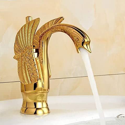 BASSINO Brass Gold Swan Shape Bathroom Sink Wash Basin Mixer Tap Single Handle Hot & Cold Waterfall Lavatory Sink Faucet for Living Room & Bathroom (BTT-2051, 8 INCH)