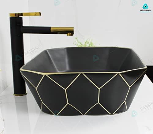 BASSINO Art Wash Basin Countertop, Tabletop Ceramic Bathroom Sink/Basin (Black & Gold) (500x360x140mm) (BTT-1377)