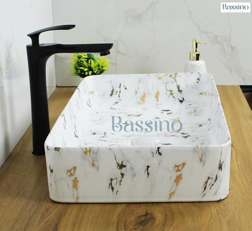 BASSINO Art Ceramic Countertop, Tabletop Bathroom Sink/Basin (Satvario Marble, Jelly Marble, White, 610x335x110mm)