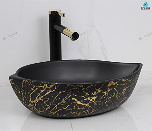 BASSINO Art Wash Basin Countertop, Tabletop Ceramic Bathroom Sink/Basin (460x305x125 mm) (BLACK GOLD)(MATT)-BTT-1400