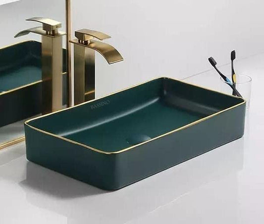 BASSINO Art Wash Basin Countertop, Tabletop Ceramic Bathroom Sink/Basin (600x350x110 mm) (GREEN)-BTT-1381