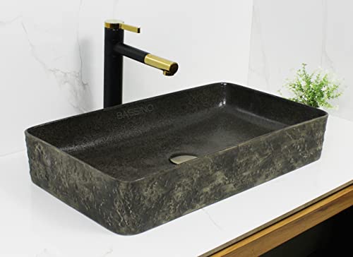 BASSINO Art Wash Basin Countertop, Tabletop Ceramic Bathroom Sink/Basin (Black & Grey) (600x350x110mm) (BTT-1344)