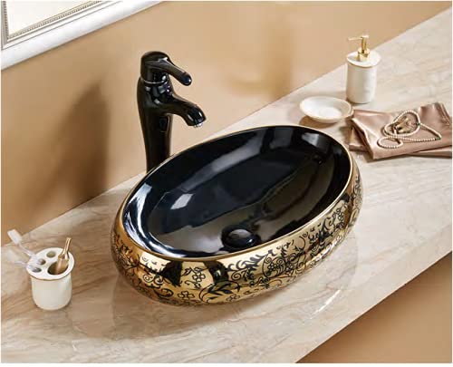 BASSINO Design Wash Basin Ceramic Tabletop Marble Bathroom Sink/Countertop Vessel Sink for Bathroom & Living Room - 600 x 400 x 150 mm (Black Gold)