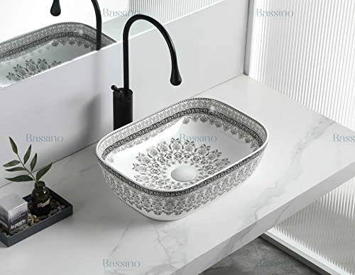 BASSINO Art Wash Basin Countertop, Tabletop Ceramic Bathroom Sink/Basin(MOROCCAN GREY & BLACK DESIGN) (465X320X135 MM) BTT-1454