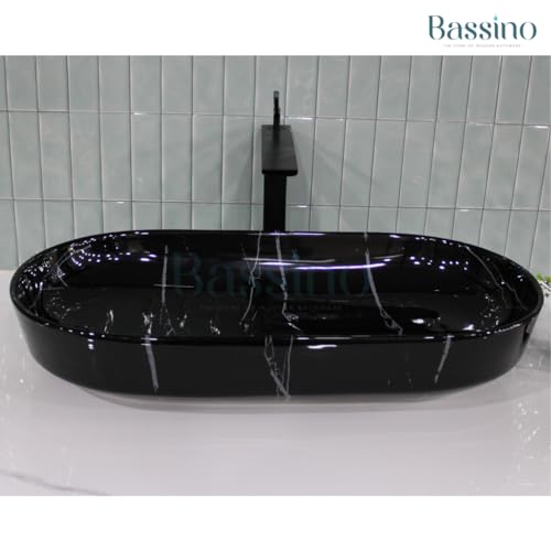 Bassino Ceramic Wash Basin Table Top Counter for Bathroom, Kitchen, Dining Hall, Living Room,Balcony, Home, Office - Black Marble (700 X 350 X 130)