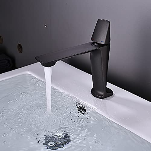 BASSINO Small Size Brass Bathroom Sink Wash Basin Mixer Tap Single Handle Hot & Cold Waterfall Lavatory Sink Faucet for Living Room & Bathrooms (Black)