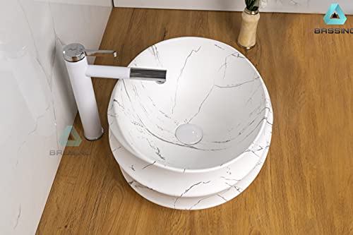 BASSINO Design Wash Basin Ceramic Tabletop Marble Bathroom Sink/Countertop Vessel Sink for Bathroom & Living Room - 455 x 385 x 170 mm (White Marble)