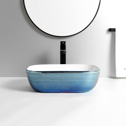 BASSINO Design Wash Basin Ceramic Tabletop Marble Bathroom Sink/Countertop Vessel Sink for Bathroom & Living Room - 455 x 325 x 145 mm (Blue)