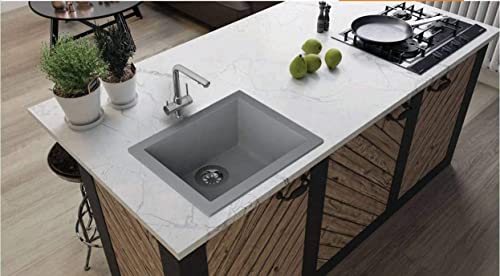 BASSINO Granite/Quartz Kitchen Sink - 24 x 18 x 8 inch Vessel Sink,undermount kitchen sink with sink coupling/Waste Pipe (Metalic Grey)