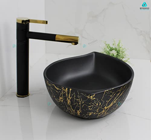 BASSINO Art Wash Basin Countertop, Tabletop Ceramic Bathroom Sink/Basin (460x305x125 mm) (BLACK GOLD)(MATT)-BTT-1400