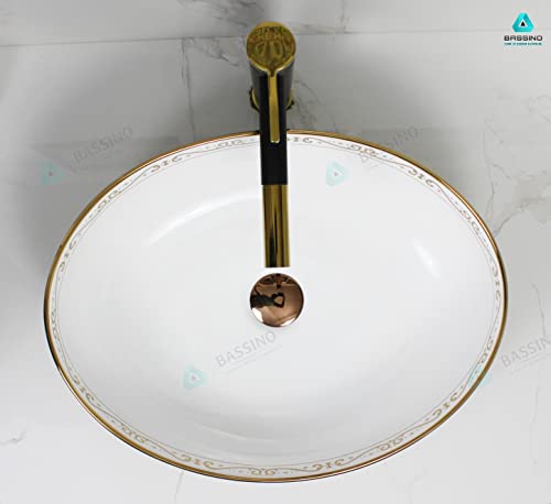 BASSINO Art Wash Basin Countertop, Tabletop Ceramic Bathroom Sink/Basin (White & Rose Gold) (505x360x140mm) (BTT-1380)