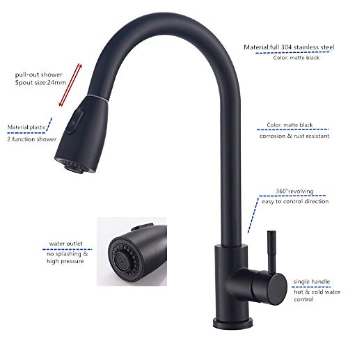 BASSINO Gold Kitchen Faucet with Pull Down Sprayer,Pro-Style Spring Sprayer SS 304 Pull-Down Kitchen Sink Faucet Tap (MATT Black Finish) (BTT-2004)