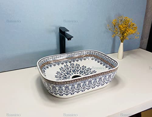 BASSINO Art Wash Basin Countertop, Tabletop Ceramic Bathroom Sink/Basin(MOROCCAN BLUE & RED DESIGN) (465X320X135 MM) BTT-1455