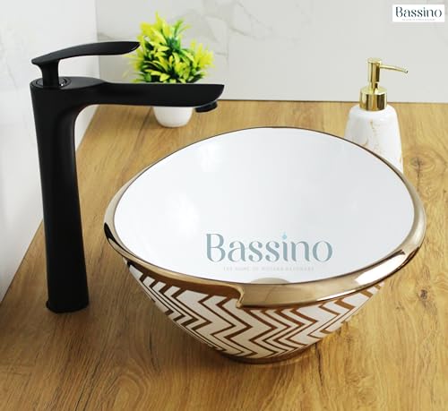 BASSINO Art Wash Basin Counter top, Tabletop Ceramic Bathroom Sink/Basin (410 x 320 x 145 mm) (White Rose Gold)