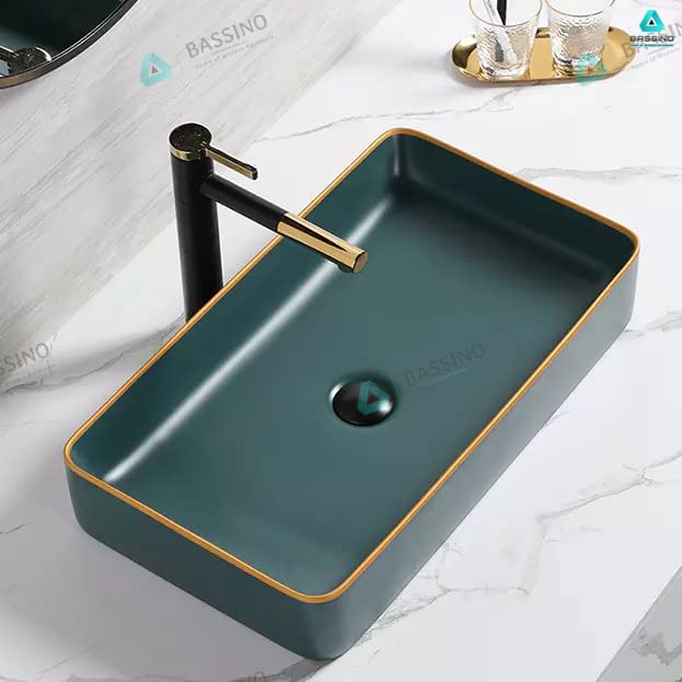 BASSINO Art Wash Basin Countertop, Tabletop Ceramic Bathroom Sink/Basin (600x350x110 mm) (GREEN)-BTT-1381