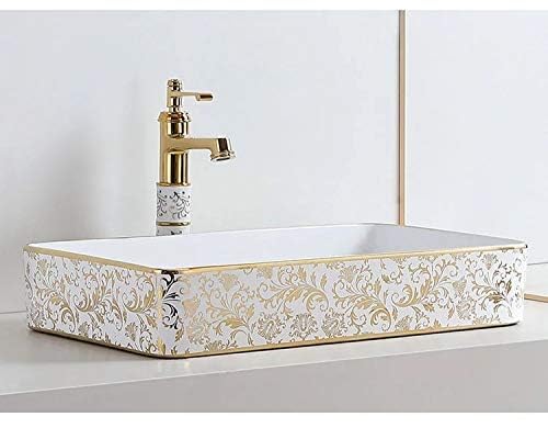 BASSINO Art Wash Ceramic Basin Countertop, Tabletop Bathroom Sink/Basin (Gold White, 600x310x110mm) BTT-1214-IN