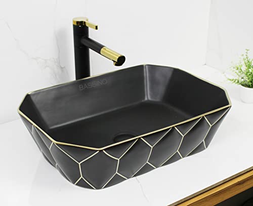 BASSINO Art Wash Basin Countertop, Tabletop Ceramic Bathroom Sink/Basin (Black & Gold) (500x360x140mm) (BTT-1377)