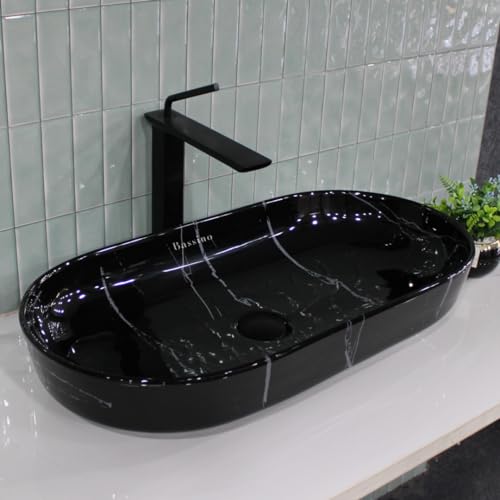 Bassino Ceramic Wash Basin Table Top Counter for Bathroom, Kitchen, Dining Hall, Living Room,Balcony, Home, Office - Black Marble (700 X 350 X 130)