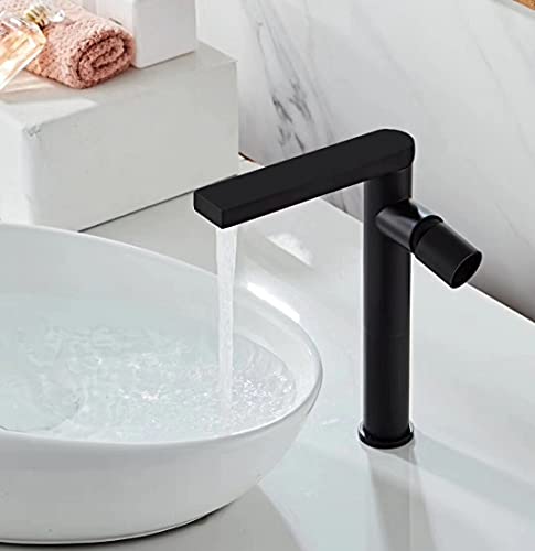 BASSINO Extended Body Brass Bathroom Sink Wash Basin Mixer Tap Single Handle Hot & Cold Waterfall Lavatory Sink Faucet for Living Room & Bathrooms (Black)