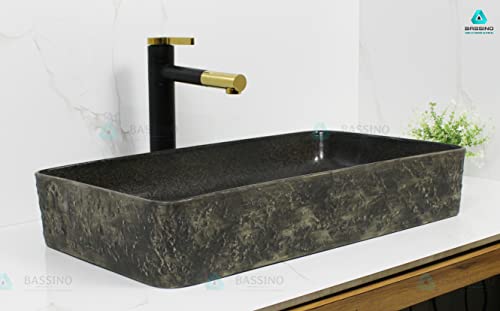 BASSINO Art Wash Basin Countertop, Tabletop Ceramic Bathroom Sink/Basin (Black & Grey) (600x350x110mm) (BTT-1344)