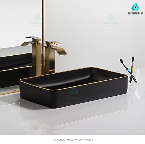 BASSINO Art Countertop, Tabletop Ceramic finish Wash Basin/Bathroom Sink (600x350x110mm, BLACK GOLD BORDER)