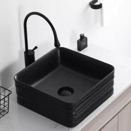 BASSINO Art Wash Basin Countertop, Tabletop Ceramic Bathroom Sink/Basin (Black Marble) (380x380x150 mm)