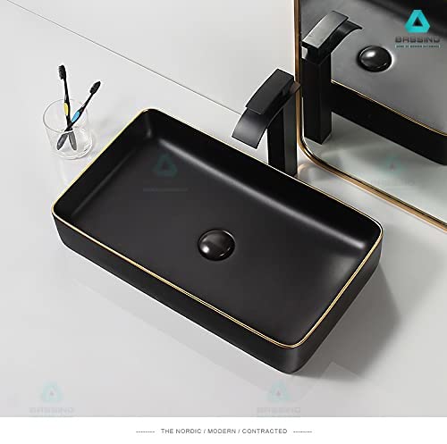 BASSINO Art Countertop, Tabletop Ceramic finish Wash Basin/Bathroom Sink (600x350x110mm, BLACK GOLD BORDER)