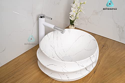 BASSINO Design Wash Basin Ceramic Tabletop Marble Bathroom Sink/Countertop Vessel Sink for Bathroom & Living Room - 455 x 385 x 170 mm (White Marble)