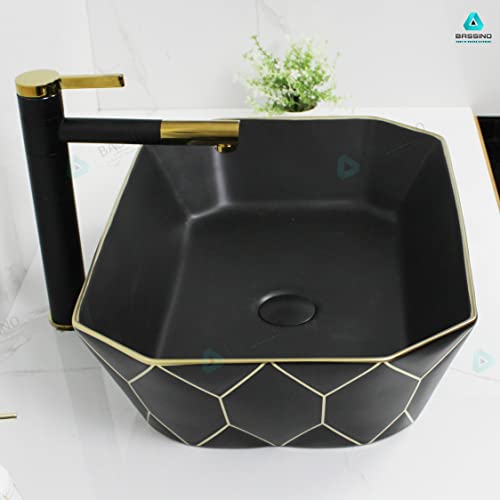 BASSINO Art Wash Basin Countertop, Tabletop Ceramic Bathroom Sink/Basin (Black & Gold) (500x360x140mm) (BTT-1377)