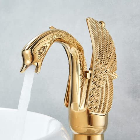 BASSINO Brass Gold Swan Shape Bathroom Sink Wash Basin Mixer Tap Single Handle Hot & Cold Waterfall Lavatory Sink Faucet for Living Room & Bathroom (BTT-2047, 12 INCH)