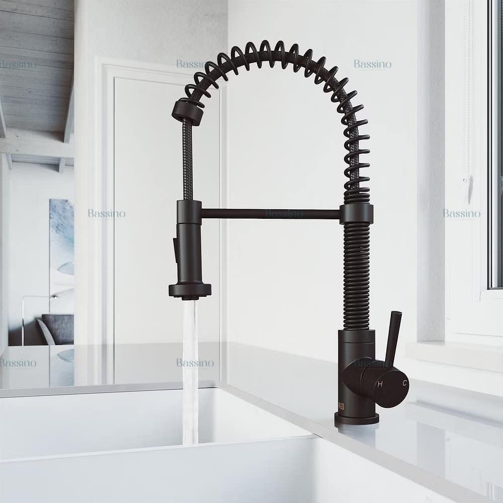 BASSINO Kitchen Faucet Brass Single Lever Kitchen Sink Tap Faucet Mixer Tap Pullout Sprayer with Multi-Function Spray Head Technology Sink Faucet 360° Rotatable Kitchen Water Tap (Black) BTT-2100