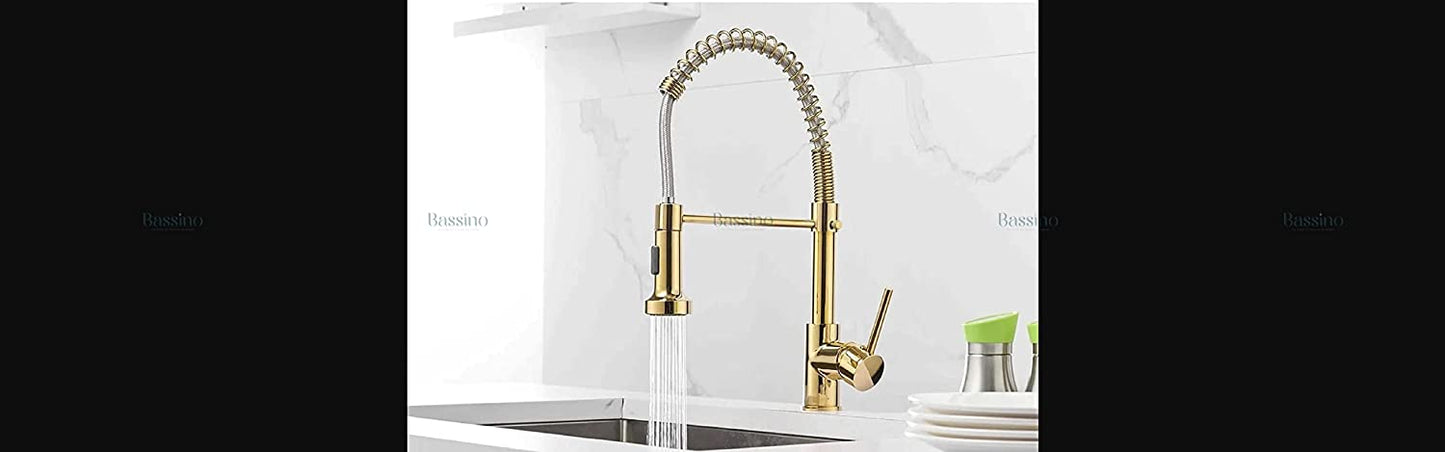 BASSINO Kitchen Faucet Brass Single Lever Kitchen Sink Tap Faucet Mixer Tap Pullout Sprayer with Multi-Function Spray Head Technology Sink Faucet 360° Rotatable Kitchen Water Tap (Gold) BTT-2101