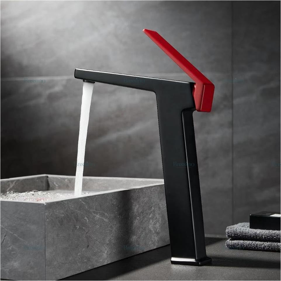 BASSINO Brass Modern Extended Tall Body Hot & Cold Antique 12" inch RED & Black Single Lever Basin Mixer Faucet Tap for Table Top Counter Washbasins