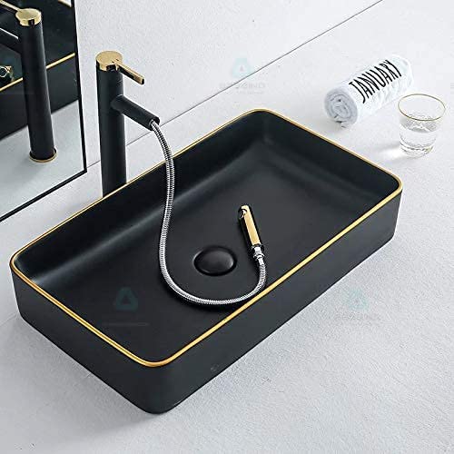 BASSINO Art Wash Basin Countertop, Tabletop Ceramic Bathroom Sink/Basin (600x350x110mm, Black Matt finish)