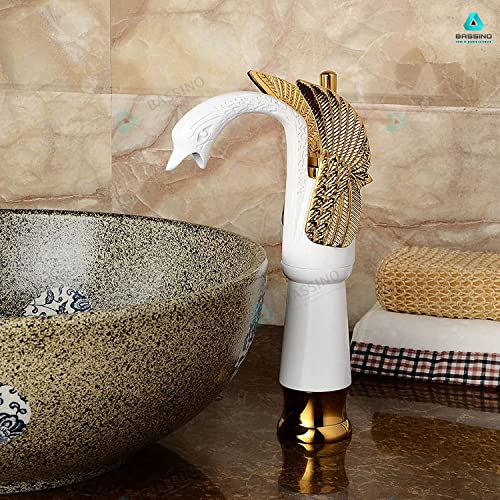 BASSINO Brass Swan Shape Bathroom Sink Wash Basin Mixer Tap Single Handle Hot & Cold Waterfall Lavatory Sink Faucet for Living Room & Bathroom (BTT-2065) (12 INCH,White Gold)