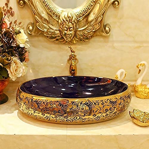 BASSINO Design Wash Basin Ceramic Tabletop Marble Bathroom Sink/Countertop Vessel Sink for Bathroom & Living Room - 600 x 400 x 150 mm (Black Gold)