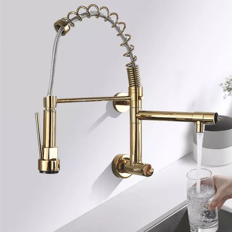 BASSINO Brass Wall-Mount Sink Tap for Kitchen Pullout Sink Tap Faucet Single Lever Kitchen Faucet-Kitchen Water Tap (Gold) (BTT-2110)