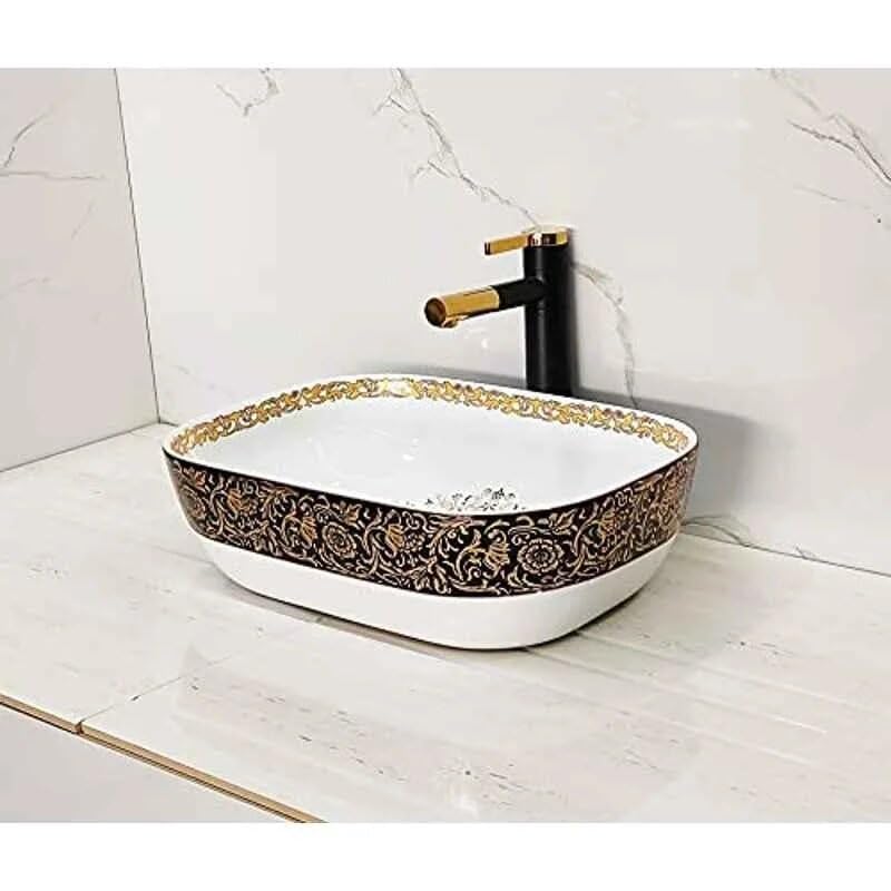 BASSINO Design Wash Basin Ceramic Tabletop Marble Bathroom Sink/Countertop Vessel Sink for Bathroom & Living Room - 455 x 325 x 145 mm