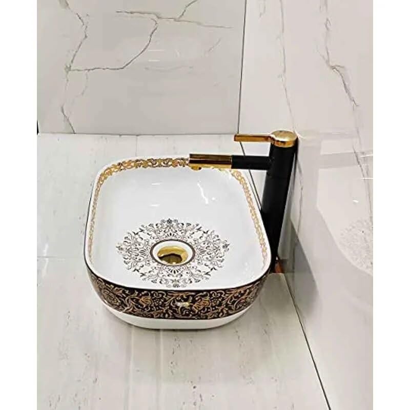 BASSINO Design Wash Basin Ceramic Tabletop Marble Bathroom Sink/Countertop Vessel Sink for Bathroom & Living Room - 455 x 325 x 145 mm