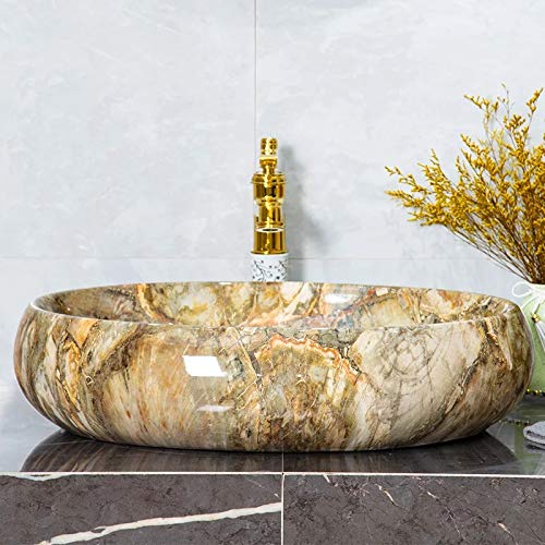 BASSINO Design Wash Basin Ceramic Tabletop Marble Bathroom Sink/Countertop Vessel Sink for Bathroom & Living Room - 600 x 400 x 150 mm (Black Marble)