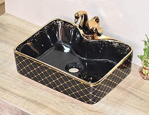 BASSINO Wash Basin Countertop, Tabletop Ceramic Bathroom Sink/Basin, 480x370x135mm, Polished finish (Black)