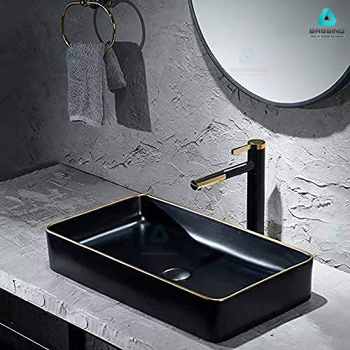 BASSINO Art Countertop, Tabletop Ceramic finish Wash Basin/Bathroom Sink (600x350x110mm, BLACK GOLD BORDER)